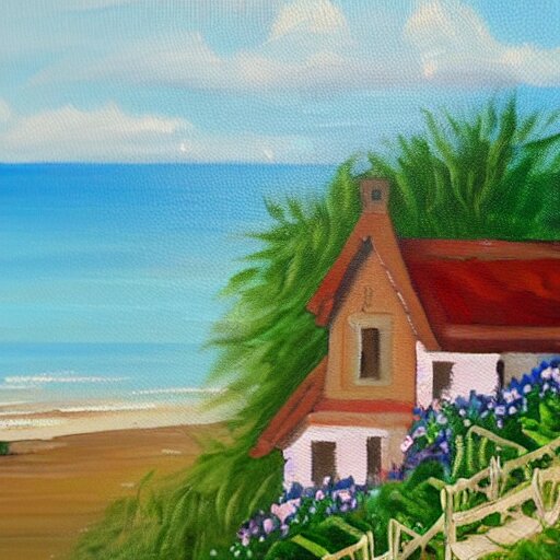 A painting of a cozy cottage with a view of the beach