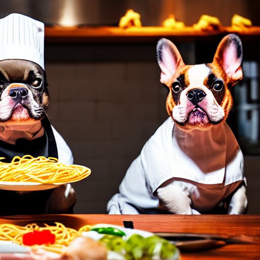 a 8k highly detailed still photo by David Bailey of Two multi-colored French Bulldogs in chef hats and aprons starring on a cooking show, a plate of spaghetti is prepared, a high end restaurant kitchen in the background, bokeh