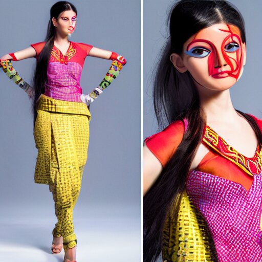 a beautiful cute girl wearing modern stylish costume in the style of Assamese bihu mekhela sador gamosa design, professional high quality commercial fashion designing, 3d ink art by pixar and Peter kemp, anatomy, only two hands, slim female figure ramp walk showcase, elegant glamourous cosplay, exotic, ornamental, intricate, sensual pose, medium shot, mid-shot, highly detailed, trending on Artstation, featured on pixiv, artgerm, sharp focus, cinematic lighting