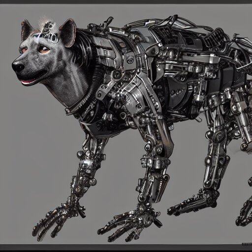 cybernetic hyena, bladerunner style, cyborg with lots of metal and wires, realistic highly detailed concept art 