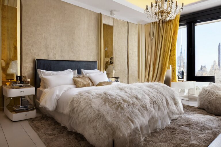 A sunny bedroom, exquisite decoration, all New York Apartments style furniture, polar bear, high tech