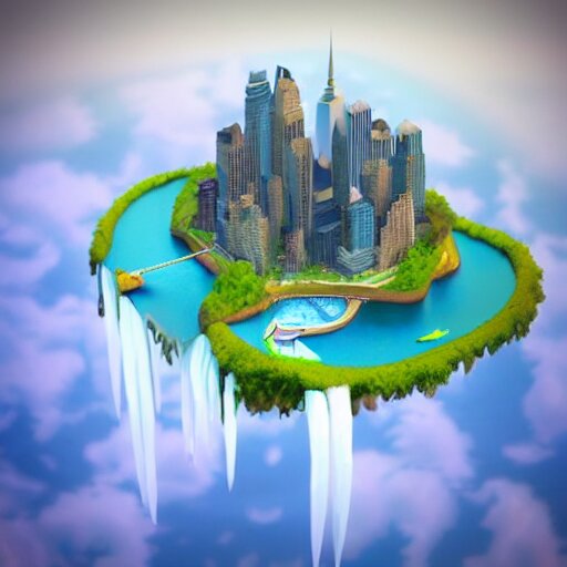 low poly art of a round floating island in the sky with the skyscrapers of New York on it, surrounded by waterfalls, isometric art, 3d render, ray tracing, high detail, artstation, concept art, behance, smooth, sharp focus, ethereal lighting, unreal engine 5