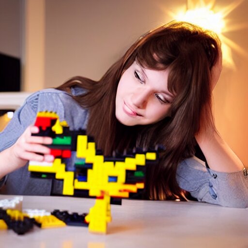 woman, 1 8 years old, brown hair, brown eyes, building the pokemon abra out of legos, well lit, high quality, 