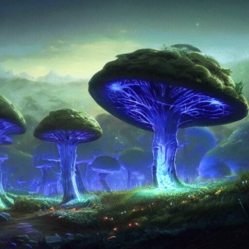 concept art painting of a fantasy alien fungal landscape at night, with glowing blue lights, glowing blue mushrooms, dark purple sky, realistic, detailed, cel shaded, in the style of makoto shinkai and greg rutkowski and albert bierstadt and james gurney 