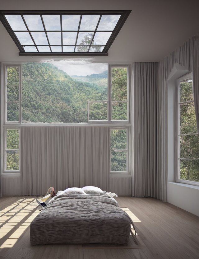 an ultra wide angle photo of a bed hovering above the floor in the middle of a giant bedroom with windows opening to other worlds by casey weldon and lee madgewick, photorealistic, octane render, recursive!!!!, flowing!!!!, cascading, multiverse!!!!, labyrinthine!!!! 