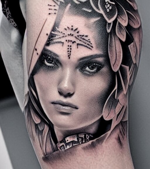 tattoo design on white background of a beautiful girl warrior, hyper realistic, amazing detail, inspired by eliot kohek 