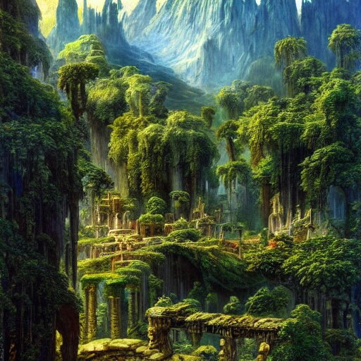 a beautiful and highly detailed epic oil painting of an elven city in the mountains, lush valley, beautiful trees, ancient stone runes, intricate details, epic scale, insanely complex, 8 k, sharp focus, hyperrealism, fantasy landscape, psychedelic, by caspar friedrich, brian froud, albert bierstadt, 