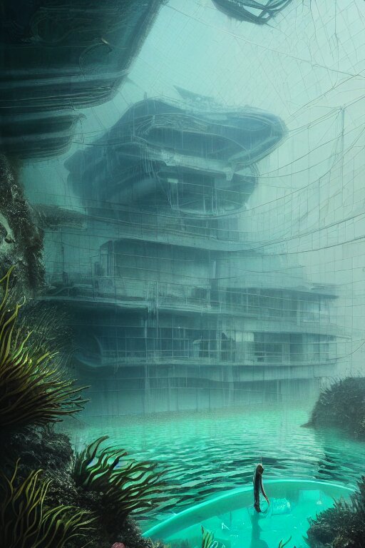 hyperrealistic precisionist cinematic underwater neo - dystopian city ruins with giant luminescent aquatic plants, digital art masterpiece, aykut aydogdu eric zener, dramatic volumetric light, long shot, low angle uhd 8 k, sharp focus 