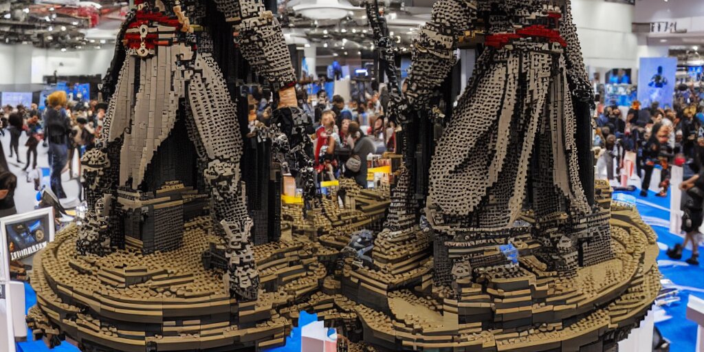 wide shot lens photo of a very intricately detailed and epically shaped 2. 5 meter tall assassin creed lego statue designed by a master builder as displayed at a lego convention, low angle shot. 