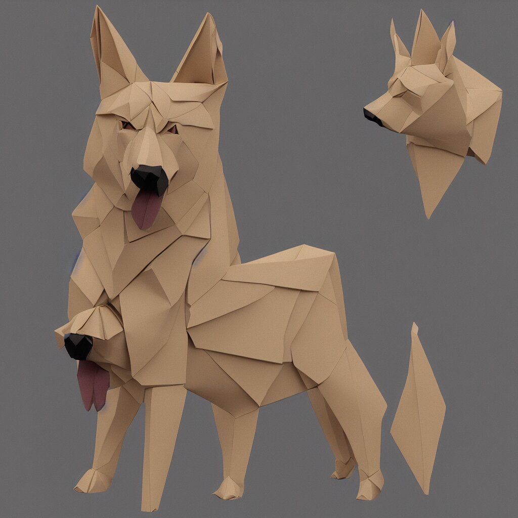 3 d rendering of japanese paper origami of simplified shape of german shepherd, 2 d image 