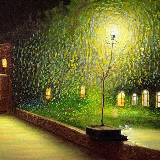 a painting of rain in a garden at night 