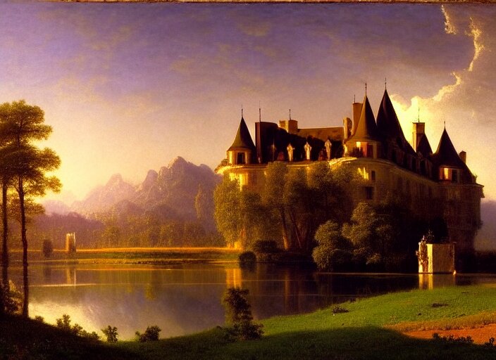 beautiful illustration of chateau in a serene landscape, by albert bierstadt, magic realism, narrative realism, beautiful matte painting, heavenly lighting, retrowave, 4 k hd wallpaper h 7 2 0 