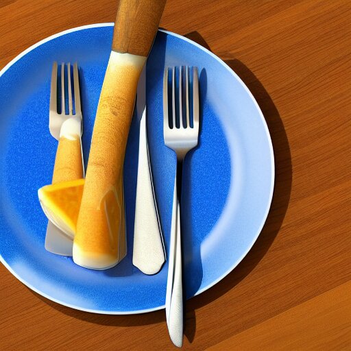 a hyperdetailed blue fork, 3 d render, ultra high detail, octane render, rtx, hdr, the fork is on a plate, the plate is on a wooden table. 