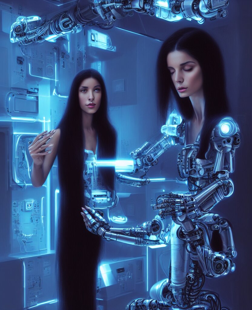 beauty young spanish woman with long black hair robotic hands, interacting with a holographic interface of alien artifacts, electrical case display, Terminator tech, ultrarealistic, dramatic lighting, electrical details, high details, 4k, 8k, best, accurate, trending on artstation, artstation, photorealism, ultrarealistic, digital painting, style of Peter Mohrbacher, Caravaggio, Hajime Sorayama and Boris Vallejo