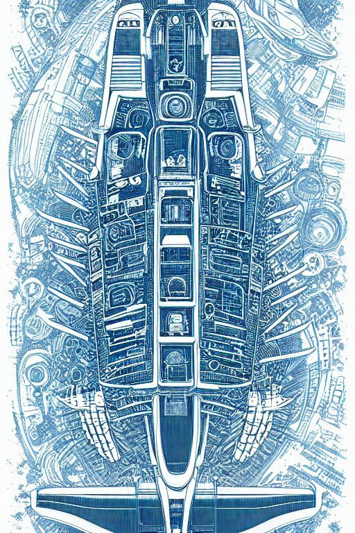 intricately detailed blueprint of a cruiser class spaceship by Jen Bartel and Dan Mumford and Satoshi Kon