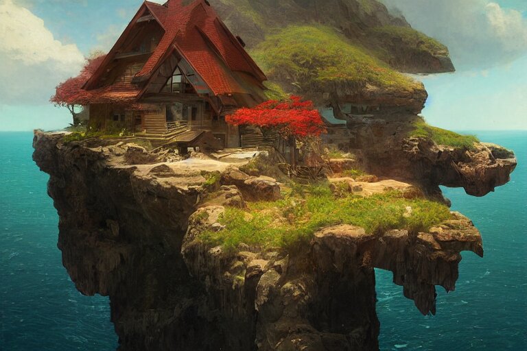 lovely a - frame home sits atop a broad cliff, overlooking the entirety of the blue sky, digital painting by greg rutkowski and gaston bussiere, zbrush, cgsociety contest winner, comprehensive art, intricate, landscape photography, brightly radiant atmosphere, overcast sky, homogeneous to hawaii, 4 k, 8 k 