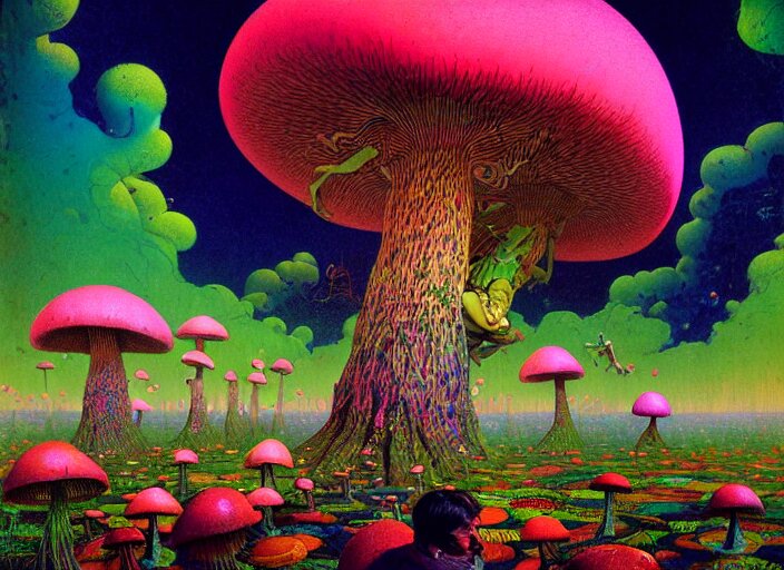 A psychedelic portrait of you are attacked by a group of crooked mushroom theurges , vibrant color scheme, highly detailed, in the style of romanticism, cinematic, artstation, Moebius, Greg rutkowski futurism, no blur, 4k resolution, sharp ages, ultra detailed, style of John Berkey, Norman Rockwell, Hans Thoma, Ivan Shishkin, Tyler Edlin, Thomas Kinkad