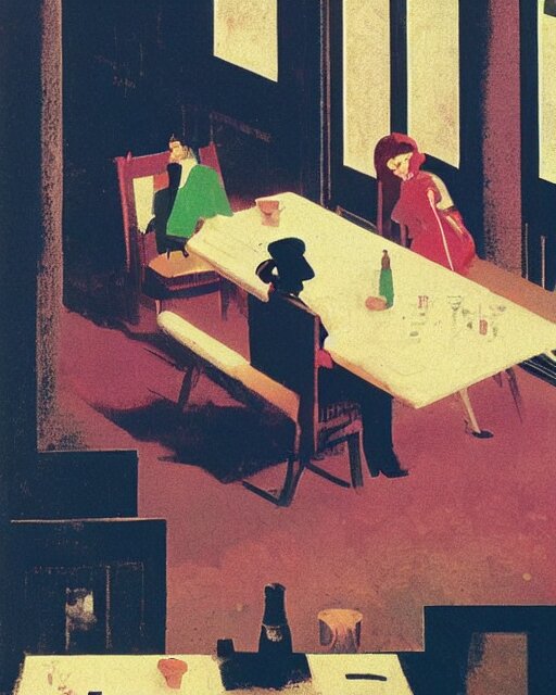 a man and a woman sitting at a table, a screenshot roman muradov and paul lehr and dan mumford, trending on pinterest, barbizon school, movie still, hall of mirrors, filmic 