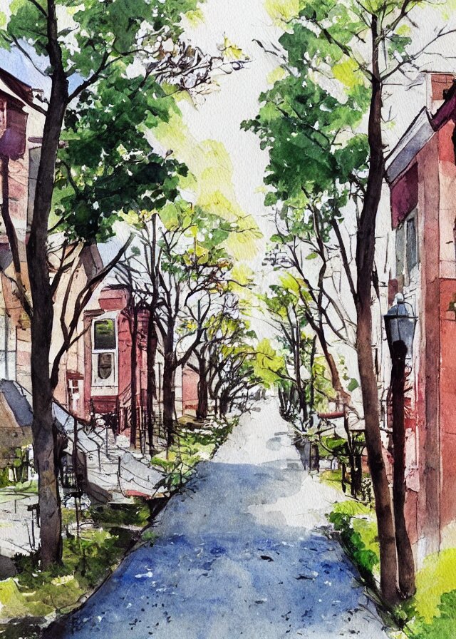 street lined with old residential houses summer watercolor by arti chauhan trending on artstation 