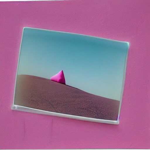 a pastel colour high fidelity Polaroid art photo from a holiday album at a pink desert with abstract inflatable parachute furniture, all objects made of transparent iridescent Perspex and metallic silver, no people, iridescence, nostalgic