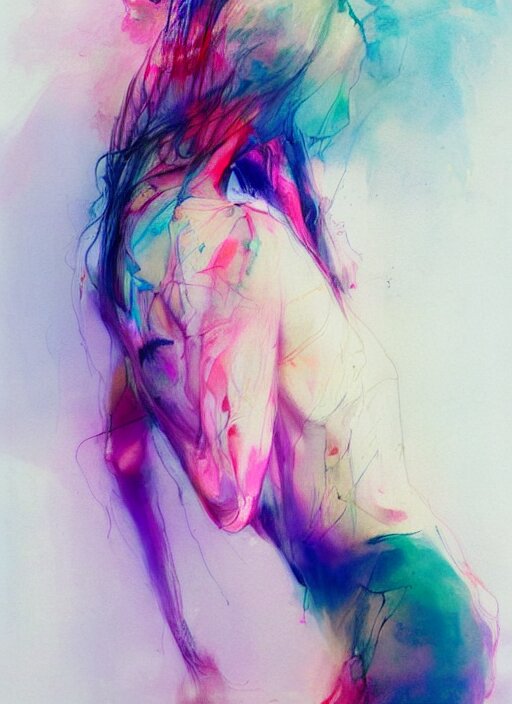 gorgeous woman in short by agnes cecile, view from back, bent - over posture, half body portrait, extremely luminous bright design, pastel colours, ink drips, autumn lights 