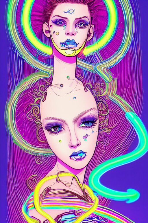 a award winning portrait of a beautiful woman with stunning eyes in a one off shoulder croptop and cargo pants with rainbow colored hair, outlined by whirling illuminated neon lines and fine lines swirling in circles by joe fenton, digital art, trending on artstation 