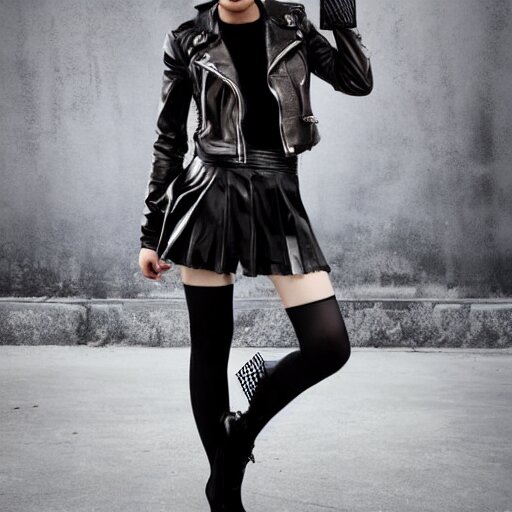 a dynamic, epic cinematic 8K HD movie shot of a japanese beautiful cute young J-Pop idol actress yakuza rock star girl wearing leather jacket, miniskirt, nylon tights, high heels boots, gloves and jewelry. Motion, VFX, Inspirational arthouse, at Behance, with Instagram filters