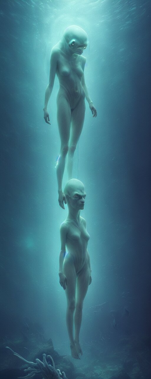 ultra realistic horror photo of a dimly lit translucent female alien creature underwater, very intricate details, focus, full frame image, curvy, model pose, artwork by tooth wu and wlop and beeple and greg rutkowski, award winning 