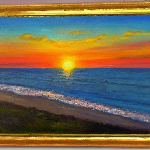 sunset over a wooden cabin on the coast in the distance, sea, oil painting, very detailed, colorful