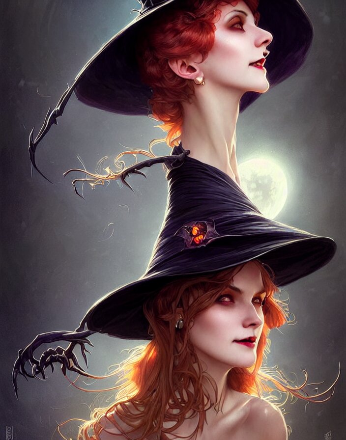 halloween witch woman in a hat smiles, fantasy magic, undercut hairstyle, dark light night, intricate, elegant, sharp focus, illustration, highly detailed, digital painting, concept art, matte, art by wlop and artgerm and greg rutkowski and alphonse mucha, masterpiece 