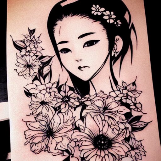 tattoo design, stencil, stencil on paper, tattoo stencil, traditional, beautiful portrait of a traditional Japanese girl with flowers in her hair, upper body, by artgerm, artgerm, artgerm, digital art, cat girl, anime eyes, anime, sexy, super model-s 100