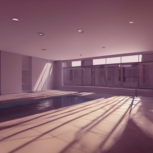 a white empty pink office with sun rays looming down, with a pool inside, dynamic lighting, photorealistic concept art, trending on art station, stunning visuals, creative, cinematic, ultra detailed, ray tracing 