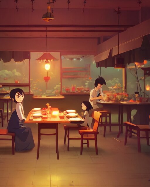 chinese buffet in a homely little restaurant, cory loftis, james gilleard, atey ghailan, makoto shinkai, goro fujita, studio ghibli, rim light, exquisite lighting, clear focus, very coherent, plain background, soft painting 