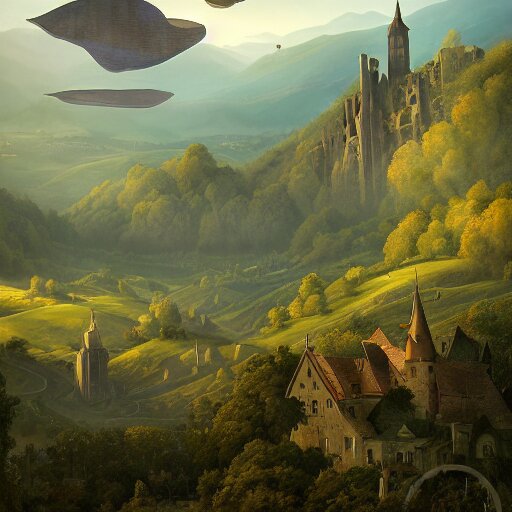 Vast verdant valley surrounded by Transylvanian mountains, with a large zeppelin hovering in the foreground, and a ruined medieval castle on the hillside in the background. No villages. Late evening light in the summer, gloomy weather. Hyperrealistic, high quality, sharp, highly detailed, peter mohrbacher,.