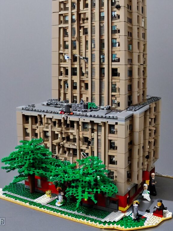 detailed lego!!!!!!!!!! miniature diorama!!!!!! a soviet residential building!!!!!!!!!, brutalism!!!!!! architecture, lights are on in the windows, car parking nearby, elderly man passing by, dark night, cozy and peaceful atmosphere, fog!!!!!!!, cold winter, snowing, streetlamps with orange light, several birches nearby 