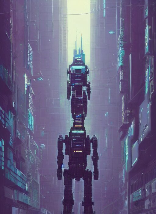 a painting of a giant robot standing in front of a city, cyberpunk art by mike winkelmann, behance contest winner, nuclear art, dystopian art, apocalypse art, sci - fi 