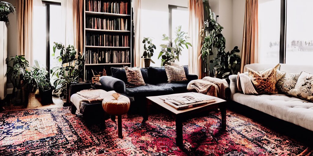 insanely detailed wide angle photograph, atmospheric, award winning interior design living room, cat, dusk, cozy and calm, fabrics and textiles, colorful accents, brass, copper, secluded, many light sources, lamps, hardwood floors, book shelf, couch, desk, balcony door, plants