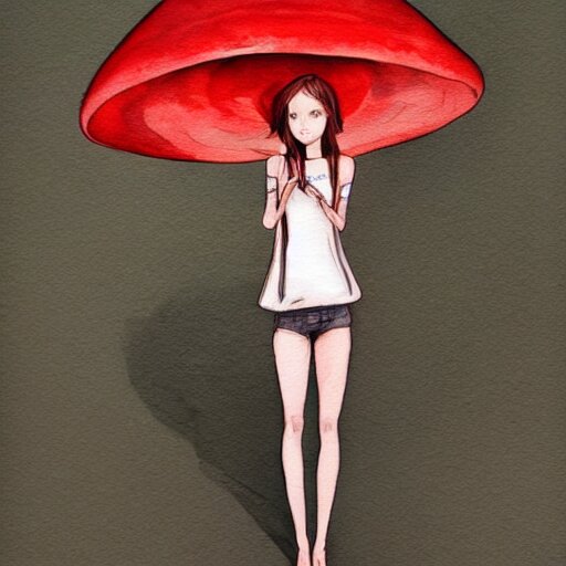 Portrait of a thin girl in full height, elegant pose, a huge toadstool hat on her head, large eyes without a pupil artstation, watercolor, highly detailed,