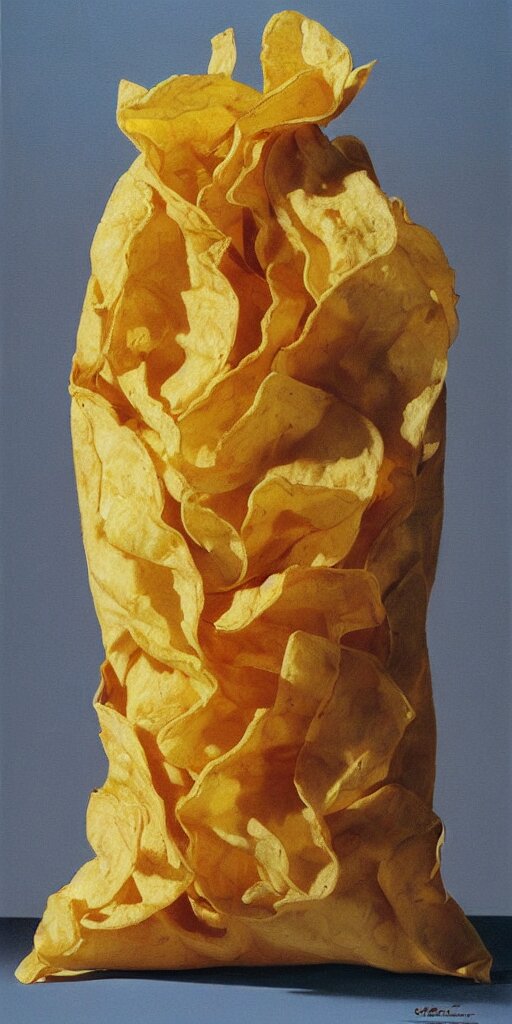 hyperreaslistic painting of a bag of potato chips by Claudio Bravo