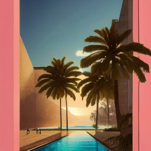 indoor liminal space, golden light, greg rutkowski, palm trees, pink door, minimalistic, hyperrealistic surrealism, award winning masterpiece with incredible details, epic stunning, infinity pool mirrors, a surreal vaporwave liminal space with mirrors, highly detailed, trending on artstation, artgerm and greg rutkowski and alphonse mucha, daily deviation 