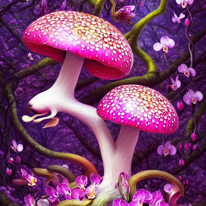 extremely psychedelic animal made of orchid and cherry blossom tree and mushroom, LSD, diffuse lighting, fantasy, intricate, elegant, highly detailed, lifelike, photorealistic, digital painting, artstation, illustration, concept art, smooth, sharp focus, art by John Collier and Albert Aublet and Krenz Cushart and Artem Demura and Alphonse Mucha