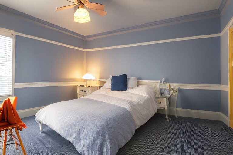 a 10 by 11 foot old bed room with blue grey criss cross patterned walls, white ceiling, navy blue carpet, a small bed, desk, two wooden wardrobes, an old TV, and a ceiling fan gives off a dim orange light at night time