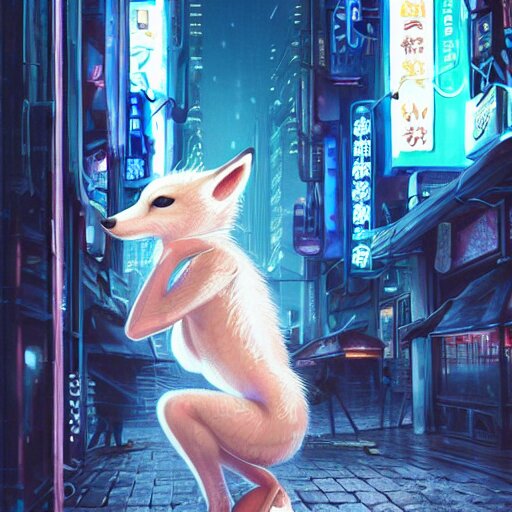 white anthropomorphic female vulpes vulpes fulva, eating ramen from a bowl, in the rain by a noodle kiosk, in crowded and wet street of a city, cyberpunk, harsh neon lights, highly detailed, digital painting, trending on artstation, concept art, sharp focus, illustration, art by artgerm and greg rutkowski and magali villeneuve 