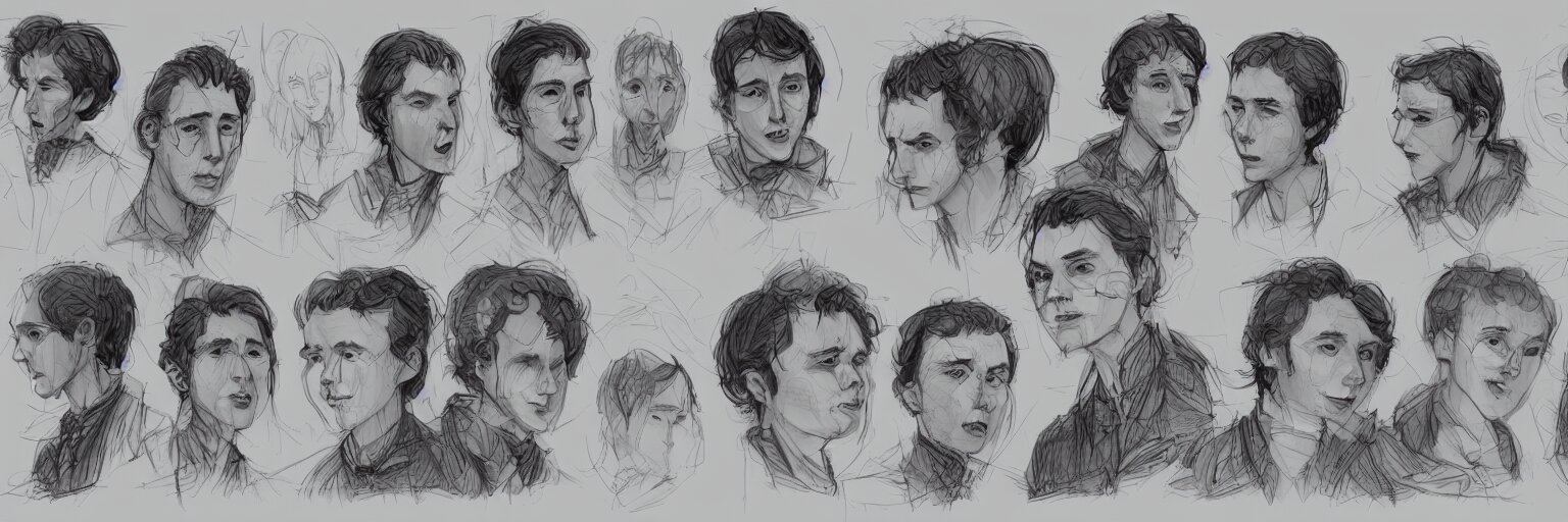 character study of julian lage and paul dano, clear faces, wild, crazy, character sheet, fine details, concept design, contrast, kim jung gi, pixar and da vinci, trending on artstation, 8 k, full body and head, turnaround, front view, back view, ultra wide angle 