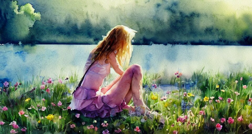 watercolor painting of flowers by the lake, dramatic lighting, peaceful, girl sitting, 