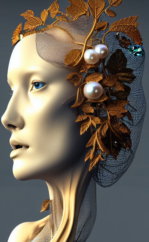 complex 3 d render hyper detailed ultra sharp of a beautiful porcelain profile woman face, mechanical cyborg, 1 5 0 mm, beautiful abundant natural soft light, rim light, studio light, big autumn leaves and stems, sinuous roots, fine foliage lace, silver gold filigree details, alexander mcqueen high fashion haute couture, pearl earring, art nouveau fashion embroidered, steampunk, mesh wire, hyperrealistic, mandelbrot fractal, anatomical, red lips, white metal armor, facial muscles, cable wires, microchip, elegant, octane render, h. r. giger style, 8 k 