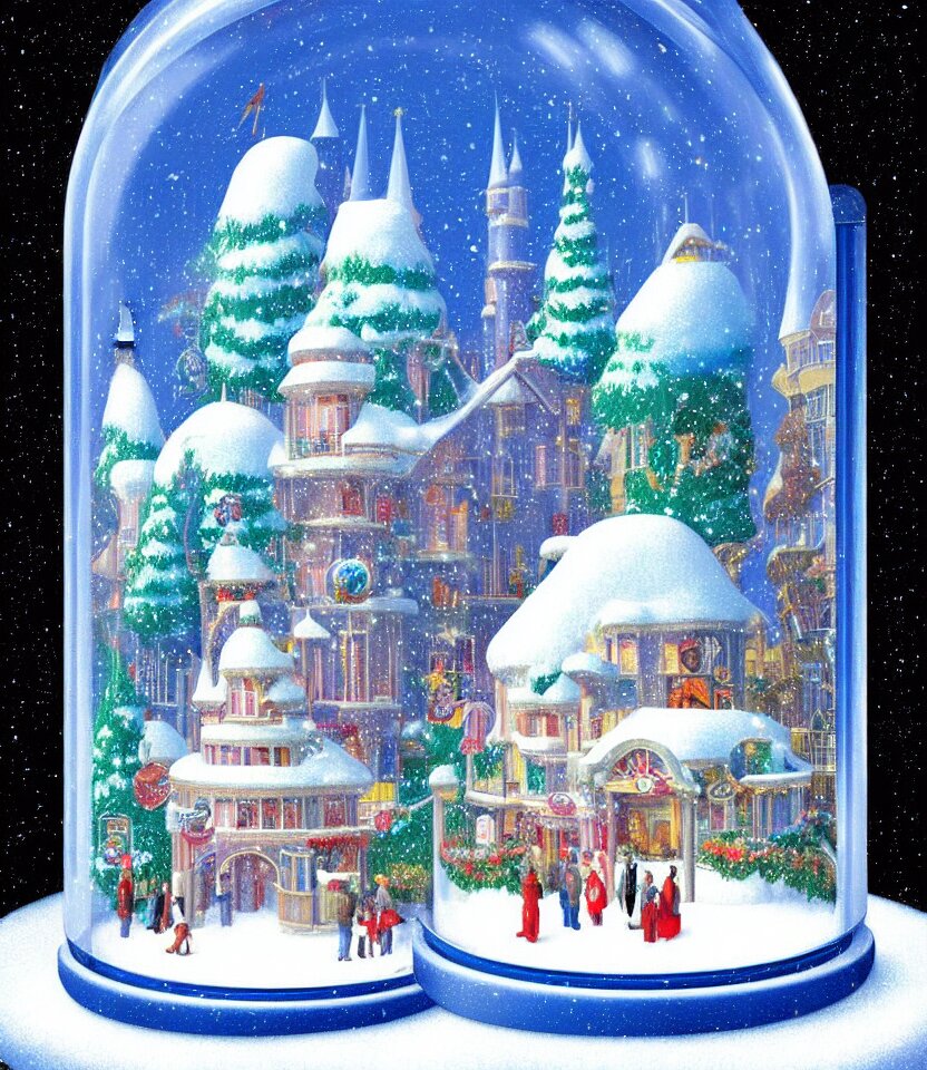 an achingly beautiful print of one cylindrical snow globe with disneyland inside by raphael, hopper, and rene magritte. detailed, proportional, romantic, vibrant, enchanting, trending on artstation 