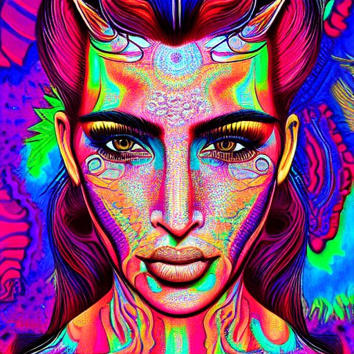 an extremely psychedelic portrait of kim kardashian, surreal, lsd, face, detailed, intricate, elegant, lithe, highly detailed, digital oth, sharp focus, illustration, 