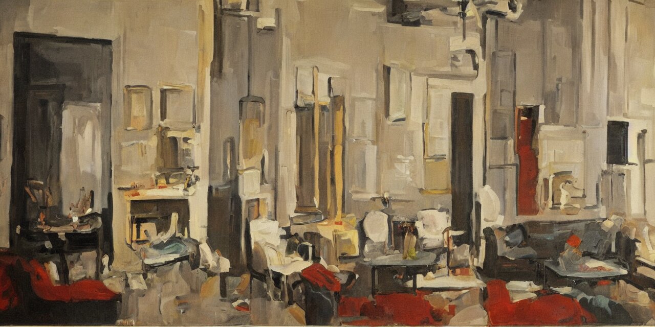 oil paint on canvas, interior of a apartment new york city circa 1 9 4 0 