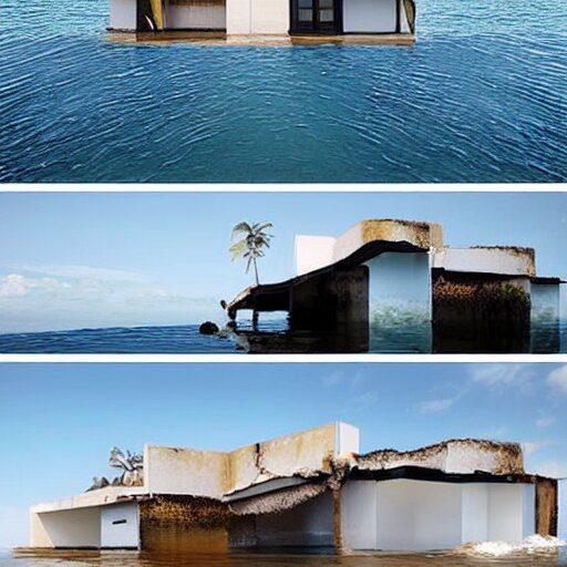 a house half submerged in the ocean. 